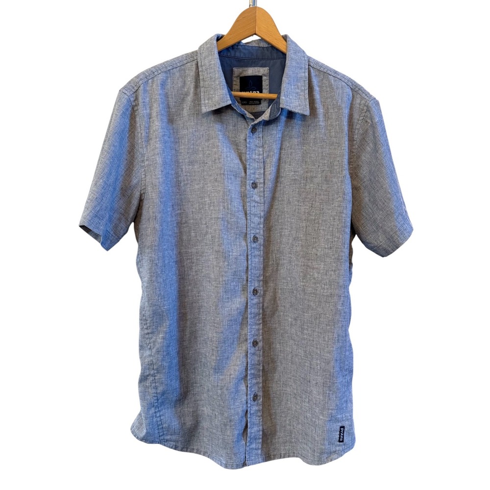PrAna Men's Short Sleeve L Gray/Blue Textured Button Down Casual Shirt Gorpcore
